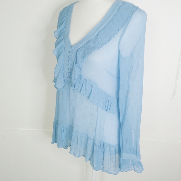 Sundance Catalog Slate Blue Silk Ruffle Blouse S - Picture 2 of 5